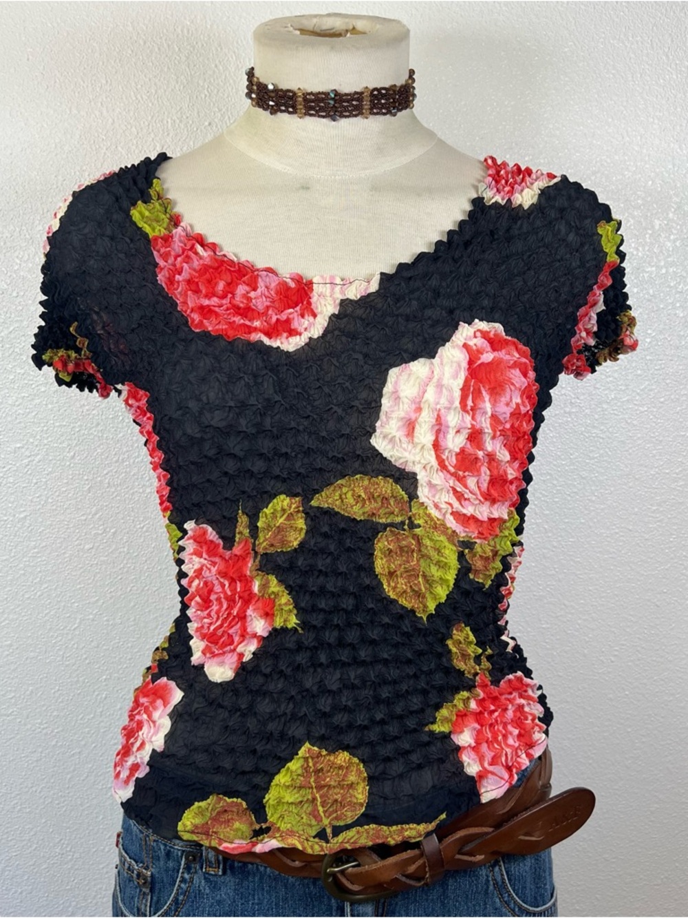 Black Floral Smocked Top with Pink Roses